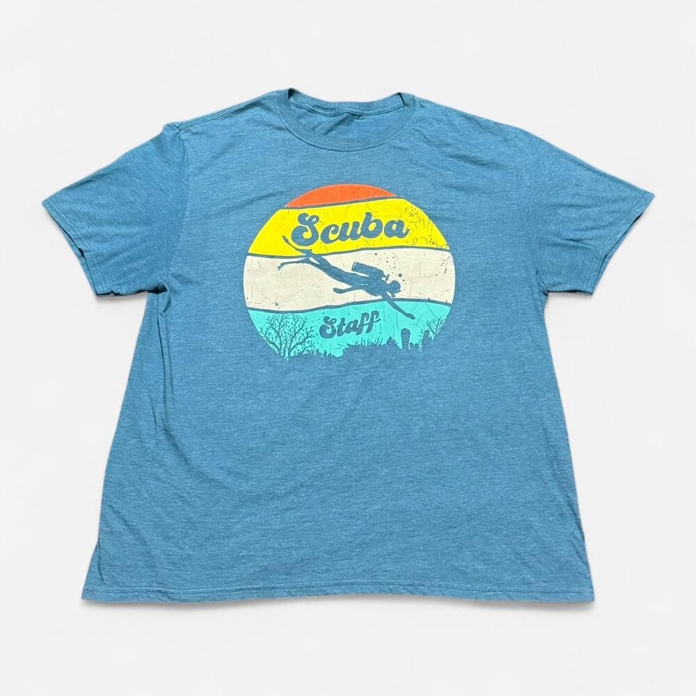 Blue scuba staff multicolour graphic T-shirt width 23-1/2in & length 26in